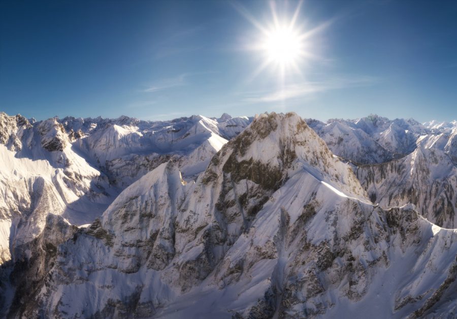 Panorama Allgäu Alpen Berge Winter Schnee verschneit Krottenkopf Höfats Nebelhorn Seealpsee Oberstdorf Oberallgäu weiß blauer himmel sonne