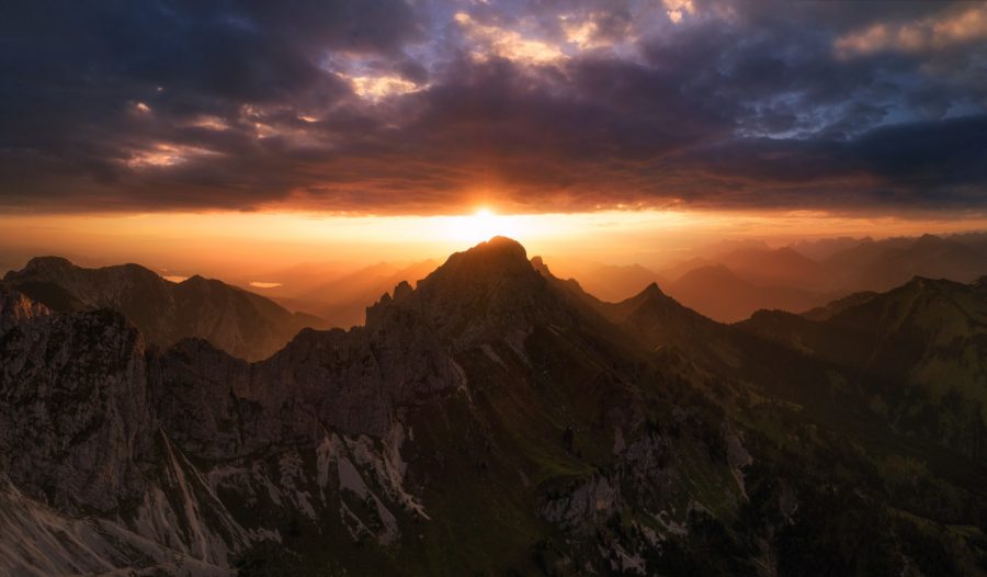 Panorama Tirol Lechtal Hochalpen Gimpel Rotflüh Sonnenaufgang Alpenglühen Fernpass Hahntenjoch sommer sonne