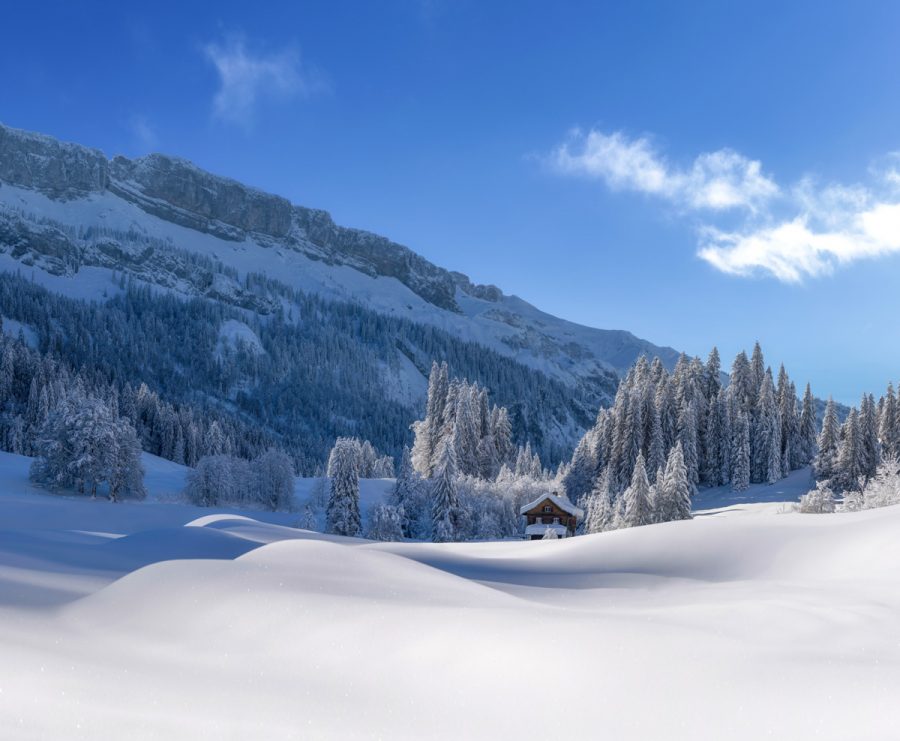 Panorama Allgäu Alpen Berge Winter Schnee verschneit Oberstdorf Rohrmoos Tiefenbach Baum Bäume Oberallgäu weiß blauer himmel sonne