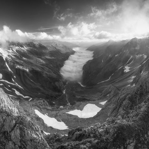 leinwand schwarz weiß wandbilder foto kaufen Allgäu Alpen Berge Hinterstein Sommer Wiedemer Giebel Sonnenaufgang Großer Wilder Nebel Obheiter Bärgündle Oberallgäuer himmel sonne