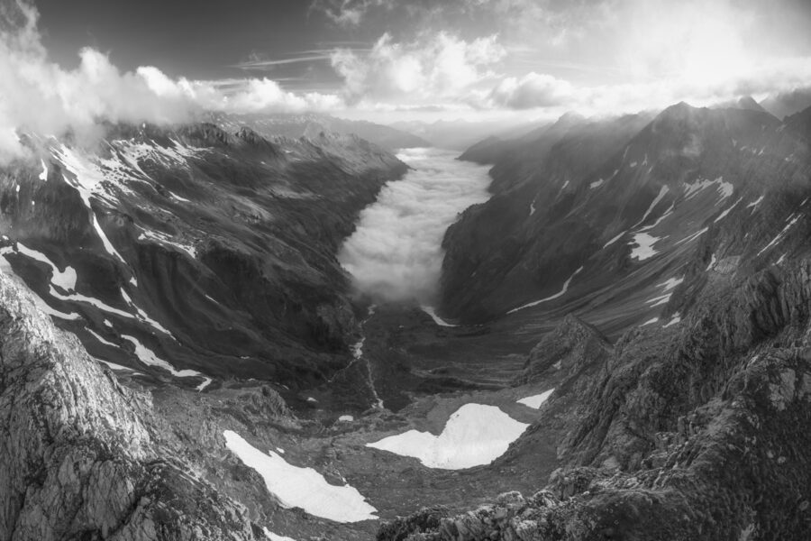 leinwand schwarz weiß wandbilder foto kaufen Allgäu Alpen Berge Hinterstein Sommer Wiedemer Giebel Sonnenaufgang Großer Wilder Nebel Obheiter Bärgündle Oberallgäuer himmel sonne