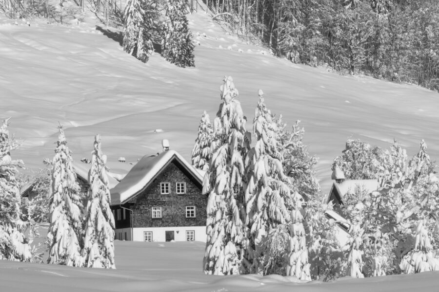 leinwand schwarz weiß wandbilder foto kaufen Allgäu Alpen Berge Winter Schnee verschneit Rohrmoos Tiefenbach Oberstdorf Oberallgäu