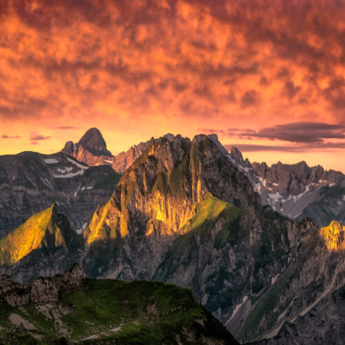 landschafts bild fotogalerie oberstdorf Allgäu Alpen Berge Oberstdorf Sommer Alpenglühen Sonnenaufgang Höfats Krottenkopf Kratzer Oberallgäu orange rot blau sonne