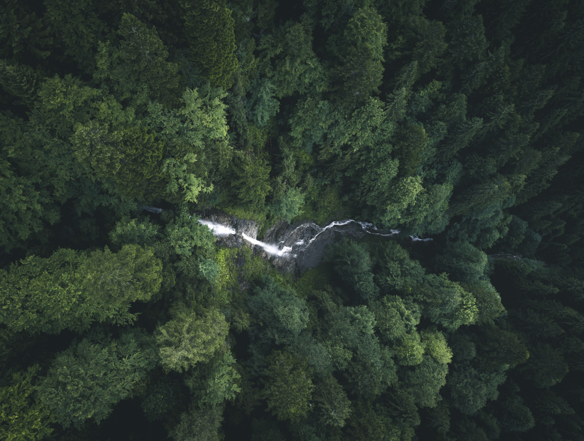 Oberallgäu, Verborgener Wasserfall im dichten Bergwald aus der Vogelperspektive, Geheimnisvoll - Naturfotografie Allgäu