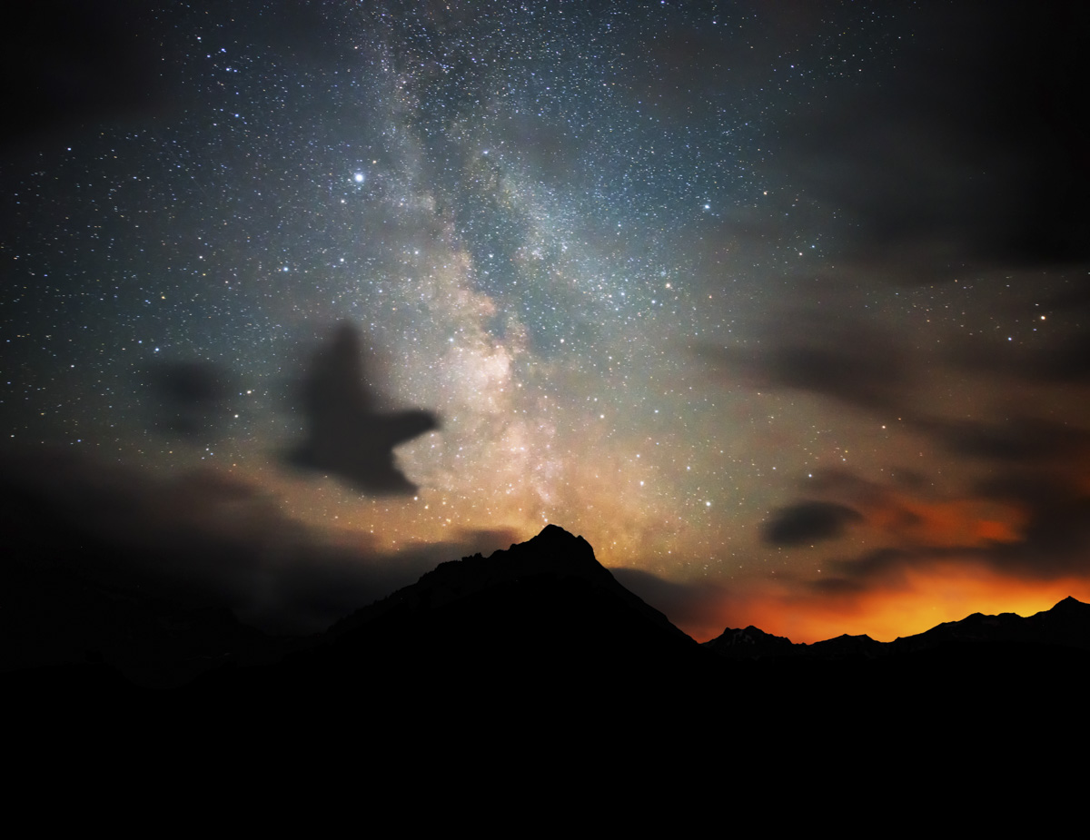 Hinterstein, Milchstraße mit Vogelsilhouette über Berggipfel, Sommernacht - Astrofotografie Allgäu