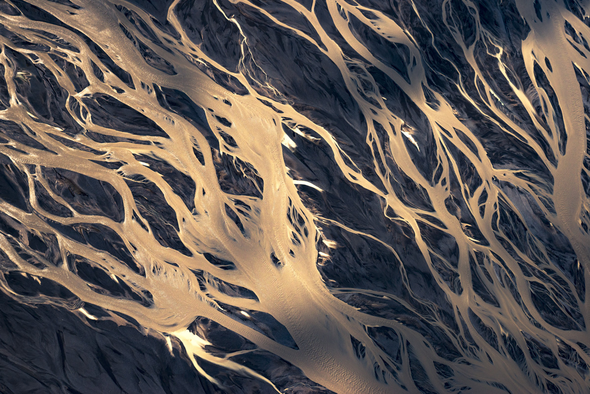 Gletscherfluss-Baum, Goldene Wasserarme verzweigen sich wie Wurzeln, Warm - Abstrakte Naturfotografie Island