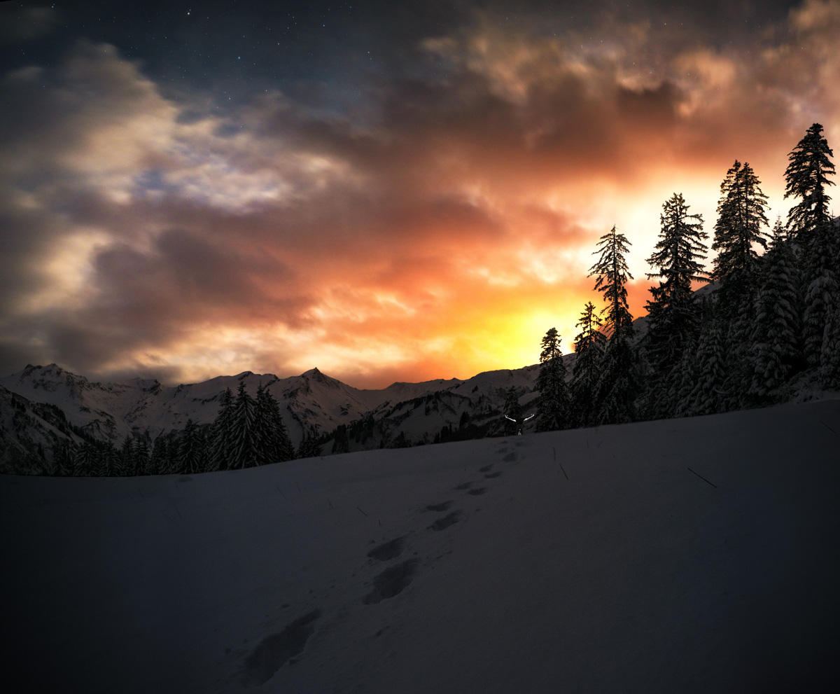 Hinterstein, Milchstraße und verschneite Tannen am Schwarzenberg, Dramatische Wintersternennacht - Astrofotografie Allgäu