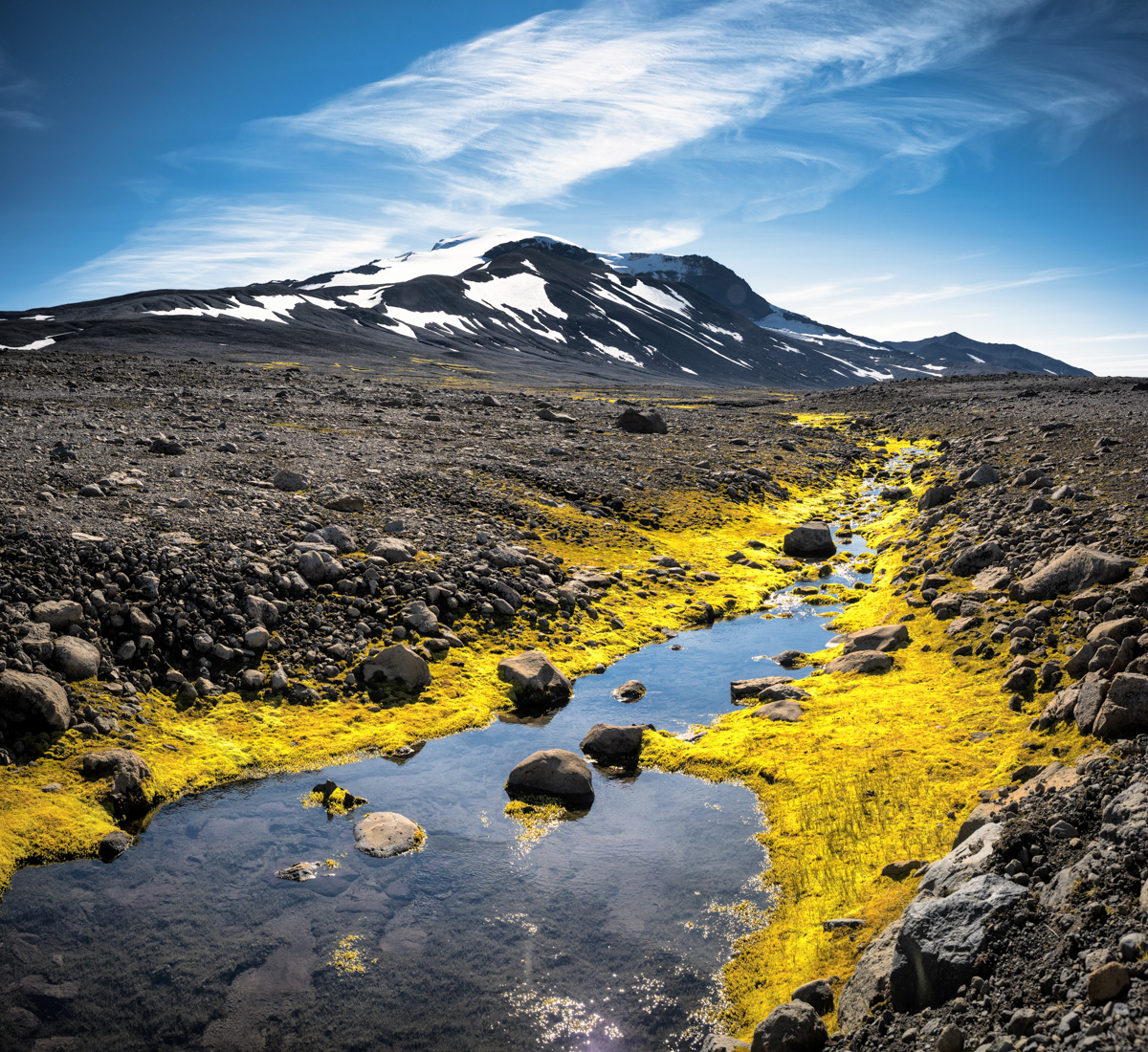 Moosbach durch Lavafeld, Gelbes Moos und Vulkan, Kontraste der Natur - Landschaftsfotografie Island