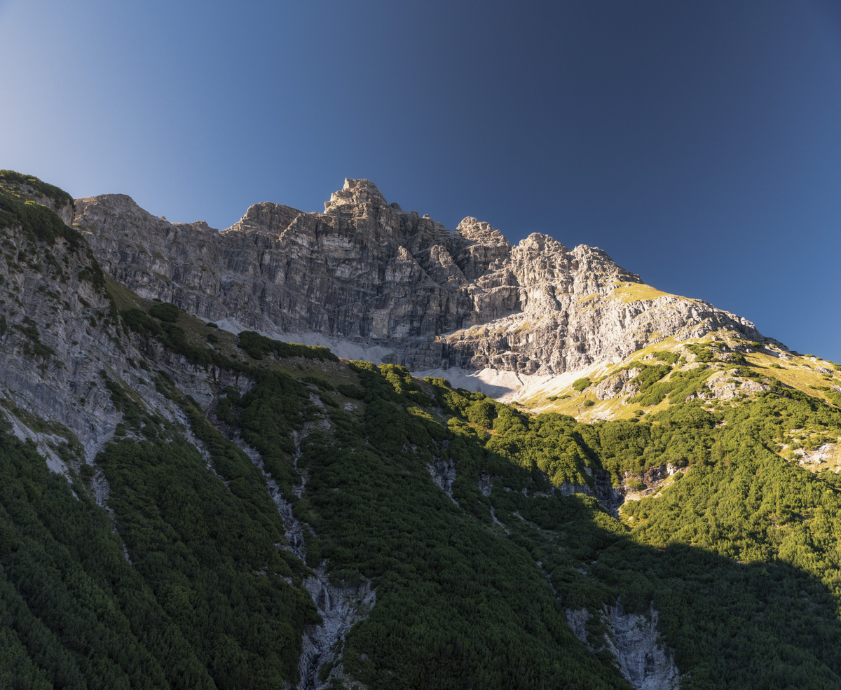 Hinterstein, Schroffer Felsgipfel mit grünem Bergwald im Sommerlicht, Majestätische Bergwelt - Bergfotografie Allgäu