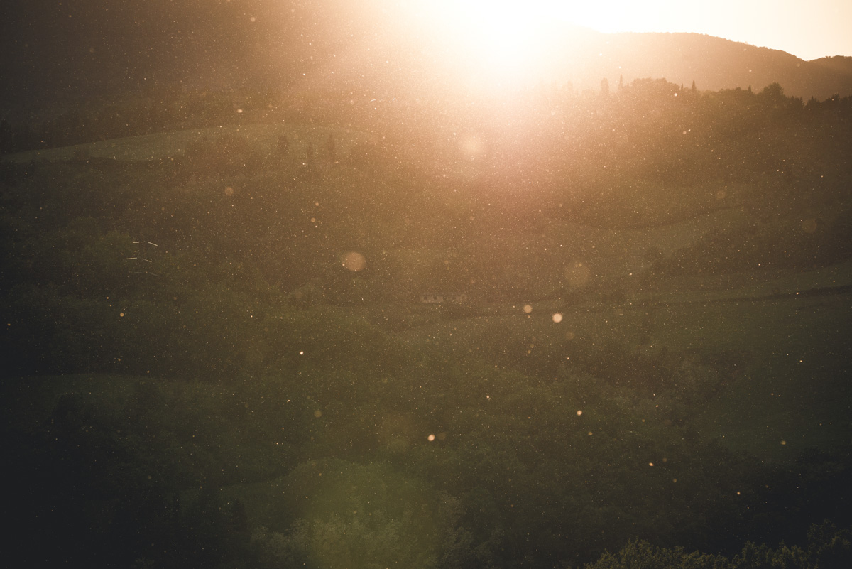 Toskanische Hügellandschaft im Gegenlicht, Goldener Dunst und schwebende Pollen, Verträumte Sommerstimmung in der Toskana