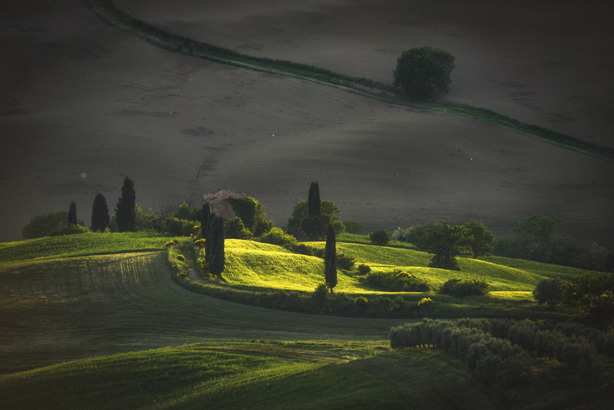 Lichtinsel in der Toskana, Zypressen und Steinhaus im Abendlicht, Chiaroscuro Landschaftsfotografie