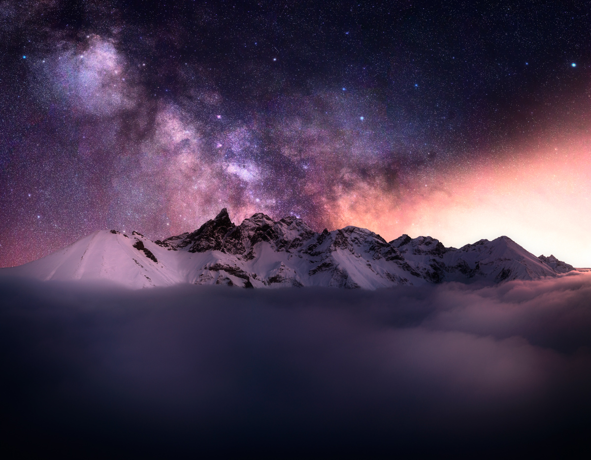 Oberstdorf, Milchstraße über Trettach und Mädelegabel, Winternacht in den Allgäuer Hochalpen - Landschaftsfotografie Allgäu