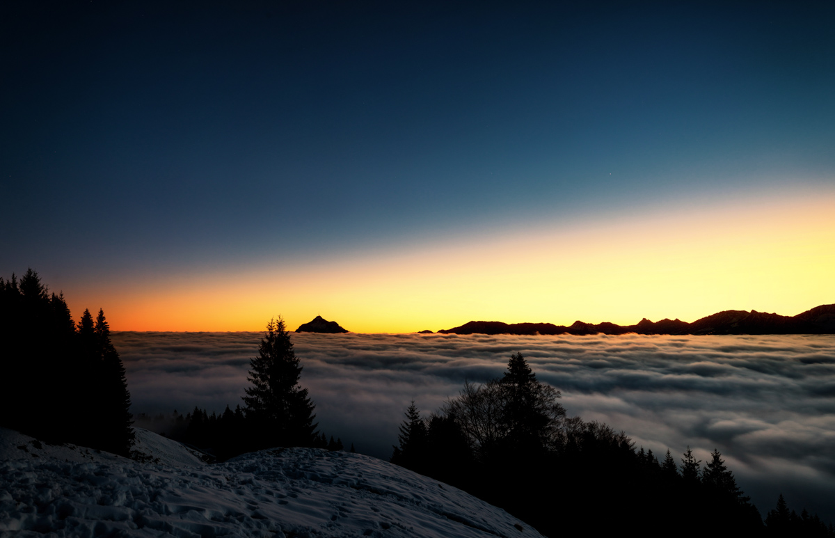 Grünten, Nebelmeer bei Sonnenuntergang, Winterabend am Burgberg - Landschaftsfotografie Oberallgäu