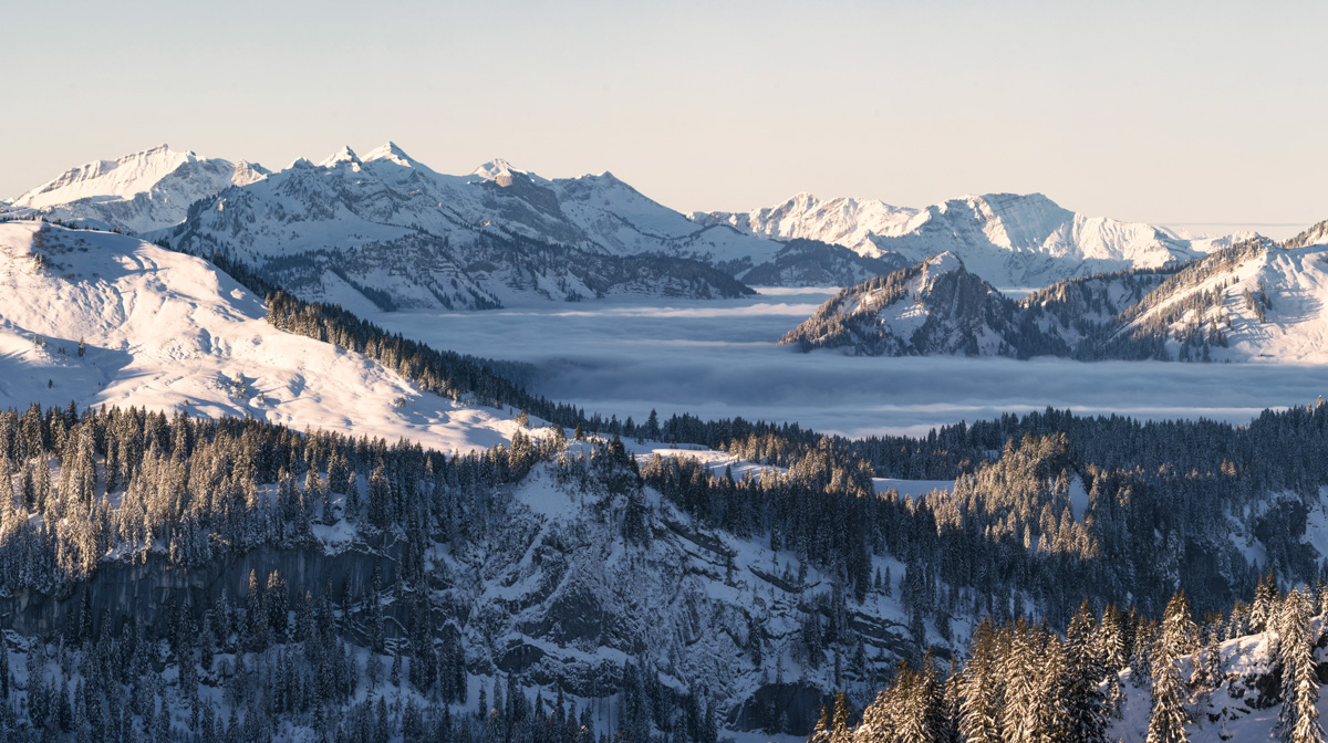 Verschneites Winterpanorama bei Oberstdorf, Allgäuer Alpen im Morgenlicht, Klarer Wintertag - Oberallgäu