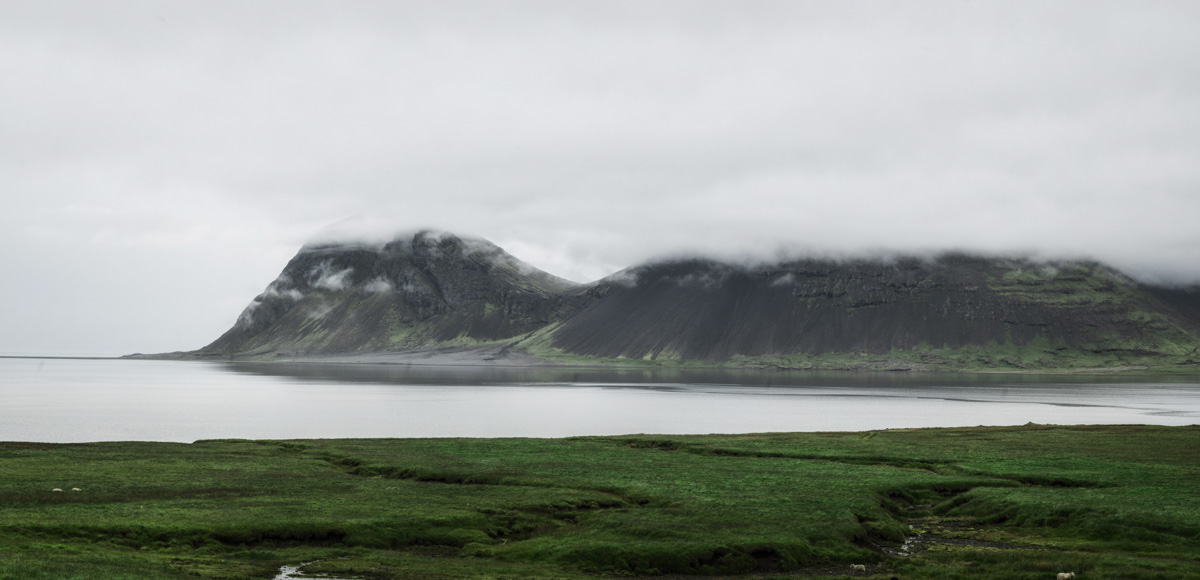 Nebelige Berge am Fjord, Grüne Küstenwiese und stiller Ozean, Stille - Landschaftsfotografie Island