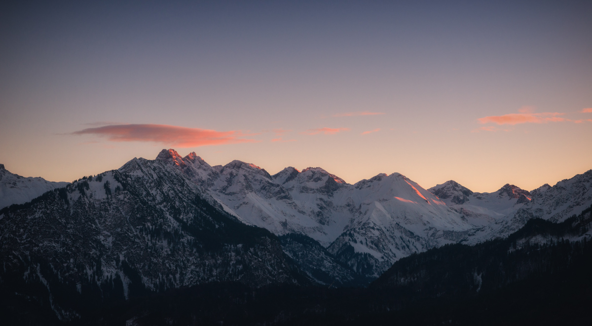 Oberstdorf, Alpenglühen an Trettach und Mädelegabel, Winterabend - Bergfotografie Allgäu