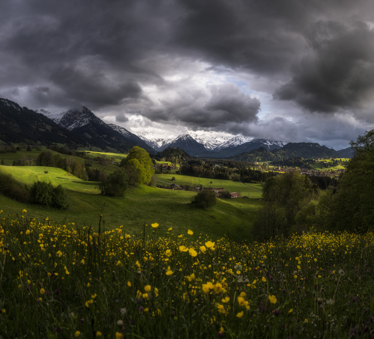 Altstädten Malerwinkel, Weites Frühlingspanorama mit Butterblumenwiese und schneebedeckten Gipfeln, Gewitterfront über