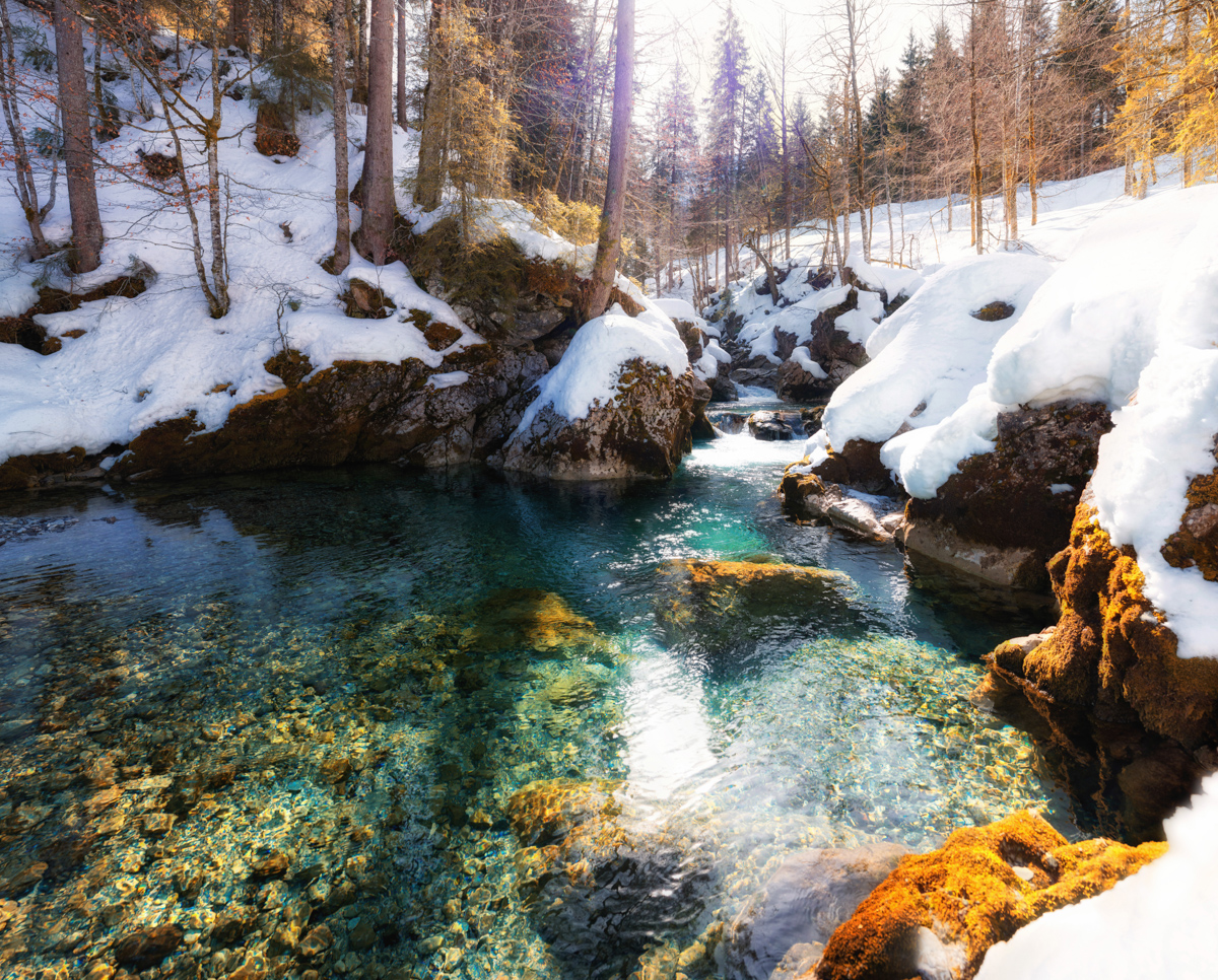 Hinterstein, Türkisfarbener Gebirgsbach im Winterwald, Kristallklares Wasser - Naturfotografie Oberallgäu
