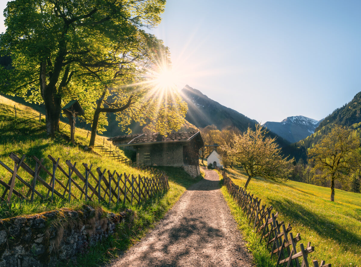 Gerstruben bei Oberstdorf, Frühlingsweg durch das Bergdorf mit Holzhütte und blühendem Obstgarten, Sonnenstern über dem