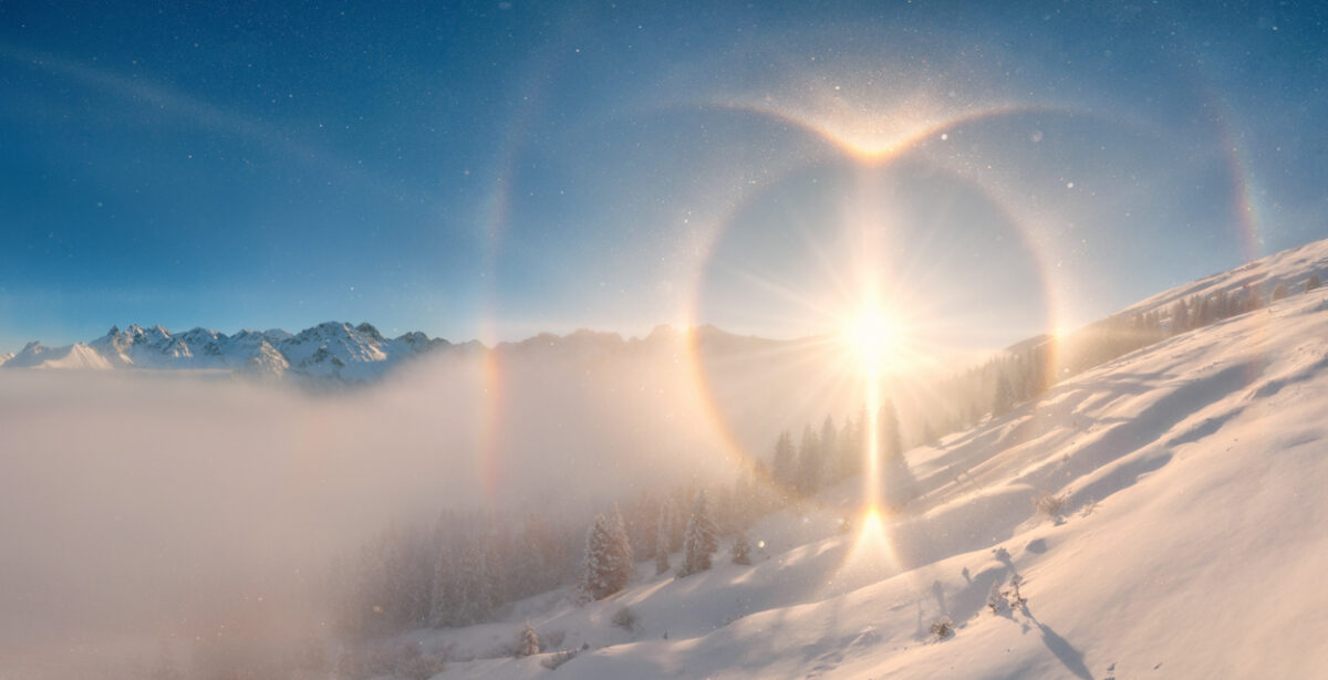 Fellhorn Sonnenhalo über verschneiter Winterlandschaft, Spektakulärer Lichtring mit Nebensonne über Allgäuer Alpen, Seltenes