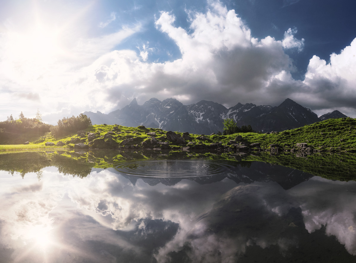 Guggersee Panorama, Trettach und Mädelegabel mit Wasserringen, Oberstdorf