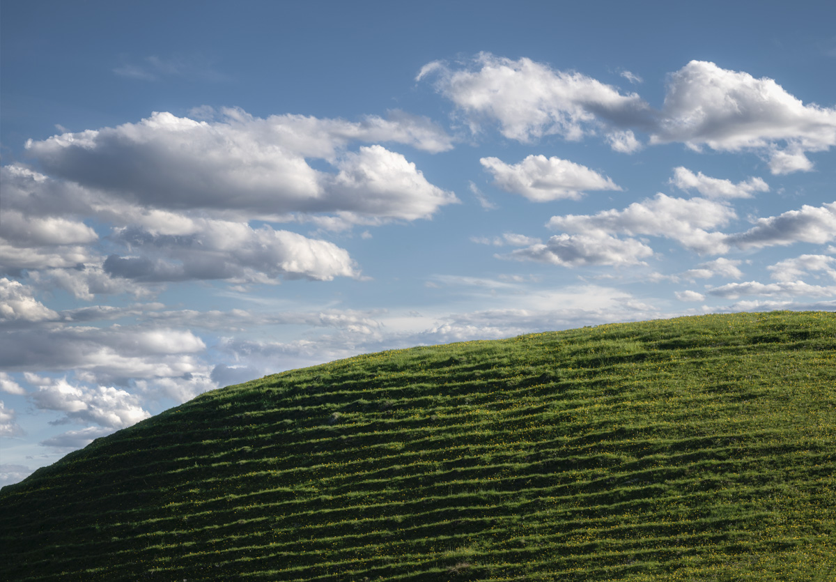Oberstdorf Almwiese, Gemähter grüner Hügel unter Wolkenhimmel, Allgäu Frühling