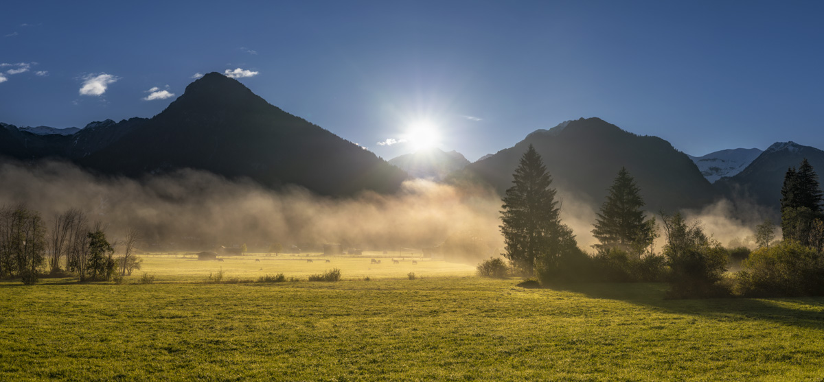 Sonnenaufgang bei Oberstdorf im Herbst, Goldene Nebelschwaden über Talwiesen mit Bergsilhouetten, Morgenzauber Oberallgäu