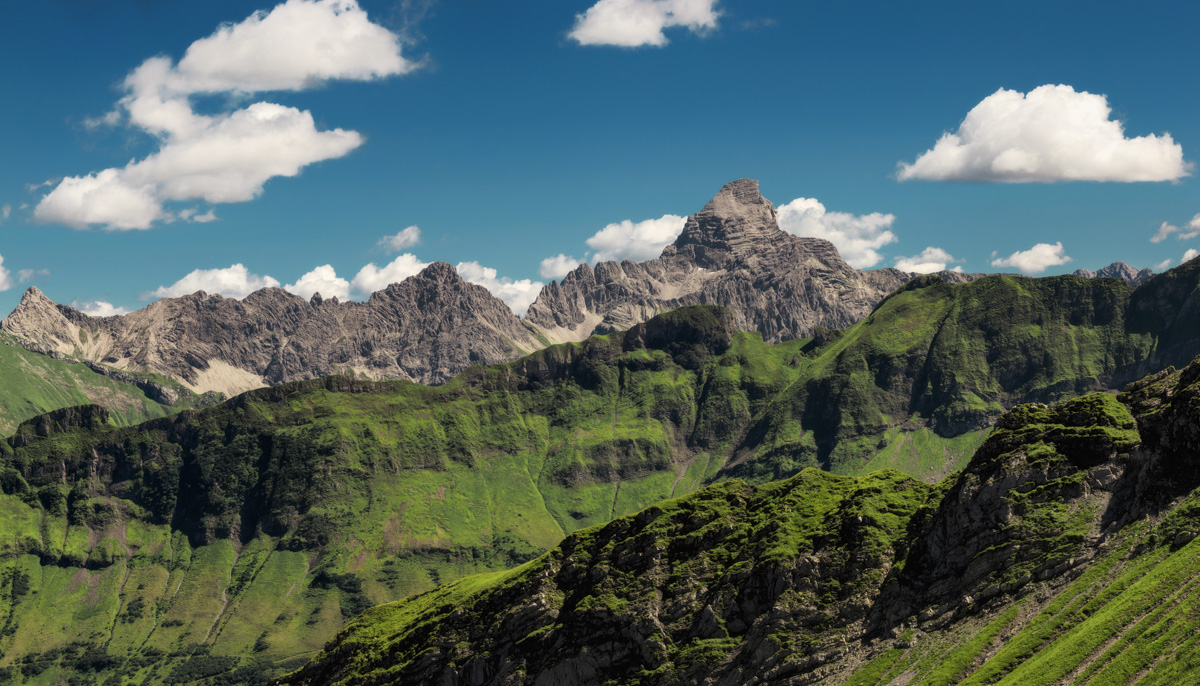 Nebelhorn und Hochvogel im Sommerlicht, Grünes Alpenpanorama über Hinterstein, Bergfotografie - Oberallgäu