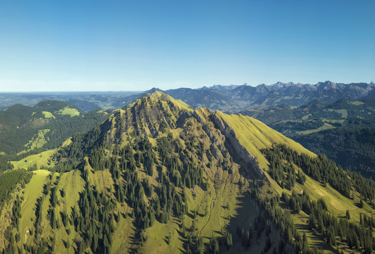Hochgrat und Nagelfluhkette, Grüner Bergrücken bei Oberstaufen und Steibis, Sommerpanorama - Allgäu