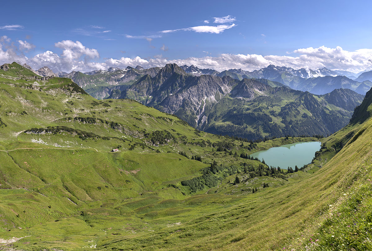 Seealpsee Talblick, Grüne Almlandschaft mit Höfats, Krottenkopf und Trettach, Bergwandern - Allgäu