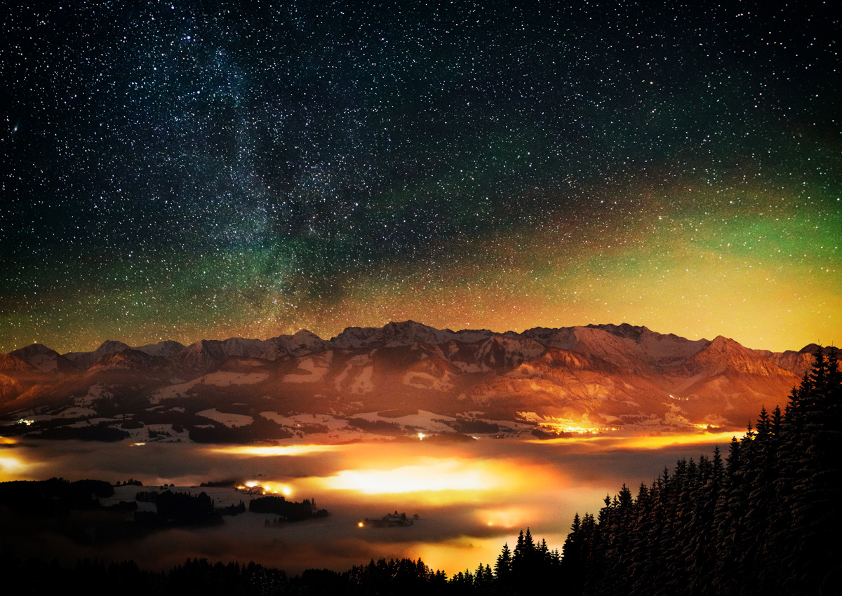 sternenbild sterne Nacht Sternenhimmel Alpen Berge Sonthofen OfterschwangFischenNacht Dunkel Milchstrasse Sterne schwarz grün winter verschneit schnee