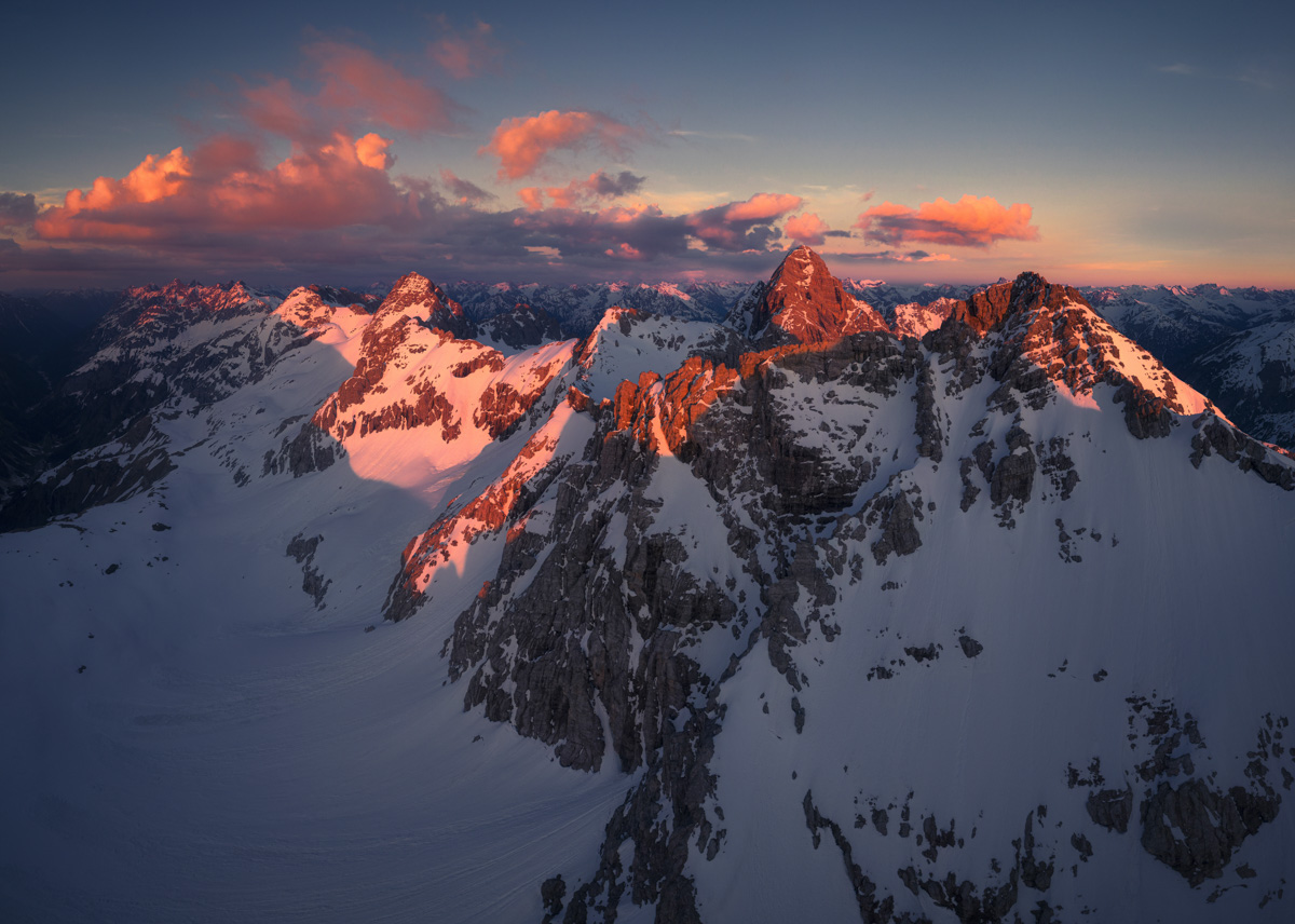 Bergbilder berg bilder Allgäu Alpen Berge Winter Schnee verschneit Krottenkopf Sonnenuntergang Alpenglühen Oberstdorf Oberallgäublau rot orange sonne
