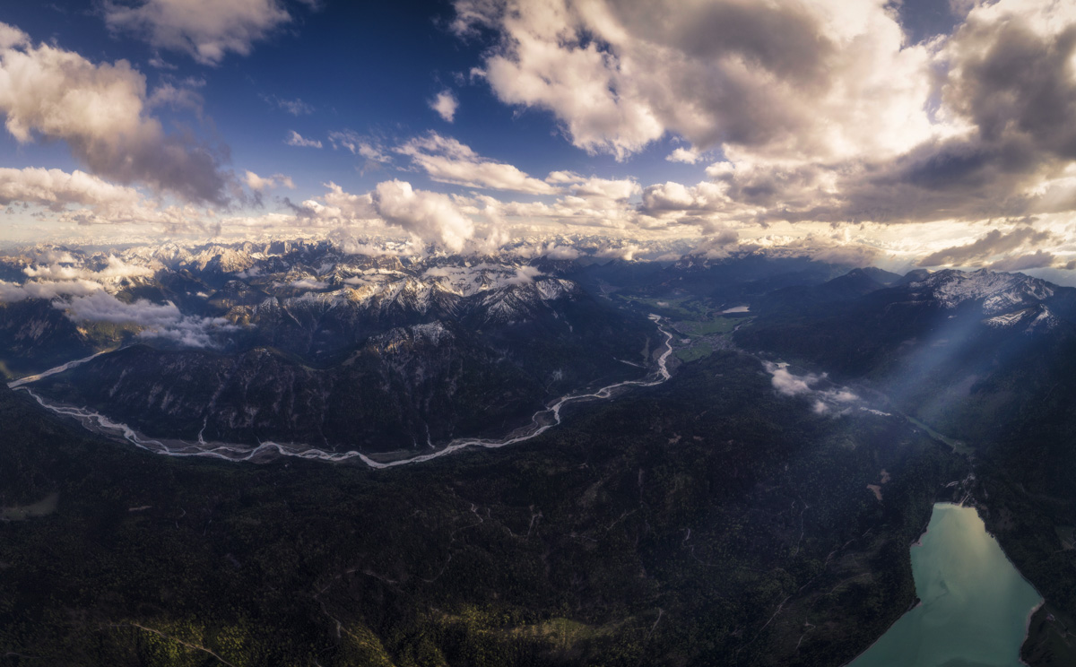Panorama Berge Alpen Landschaft Alpin Walchensee Wolken Sommer schwarz blau