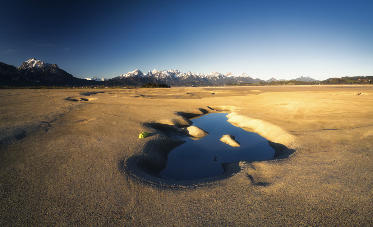 Panorama Allgäu Alpen Berge OstAllgäu Forggensee leer Hopfensee Lech Lechfall blauer himmel frühling sonne