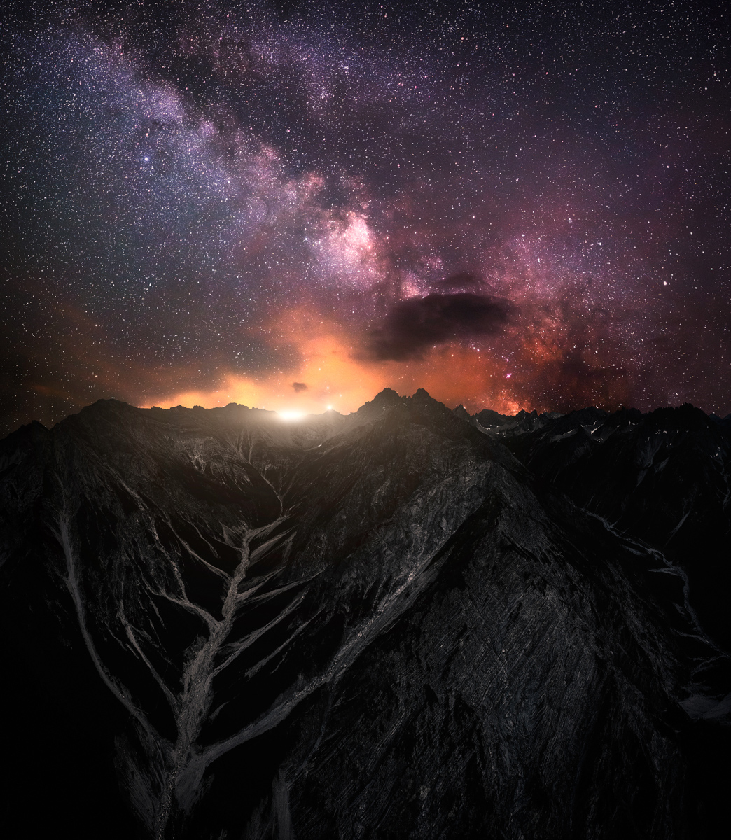 sternenbild sterne Tirol Lechtal Hochalpen Nacht Milchstrasse Sterne Dunkel sternenklar Tal Sommer Fernpass Hahntenjoch orange schwarz
