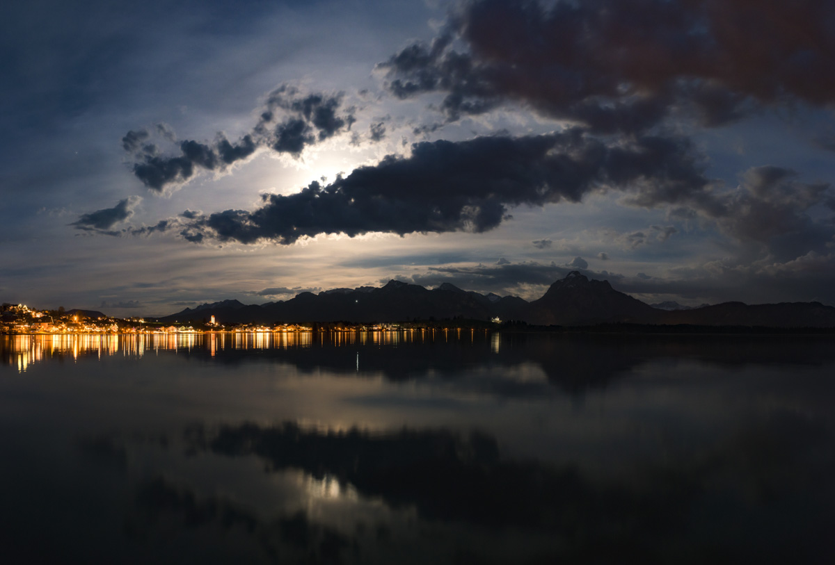 Panorama Allgäu Alpen Berge OstAllgäu Forggensee Hopfensee schwarz sommer