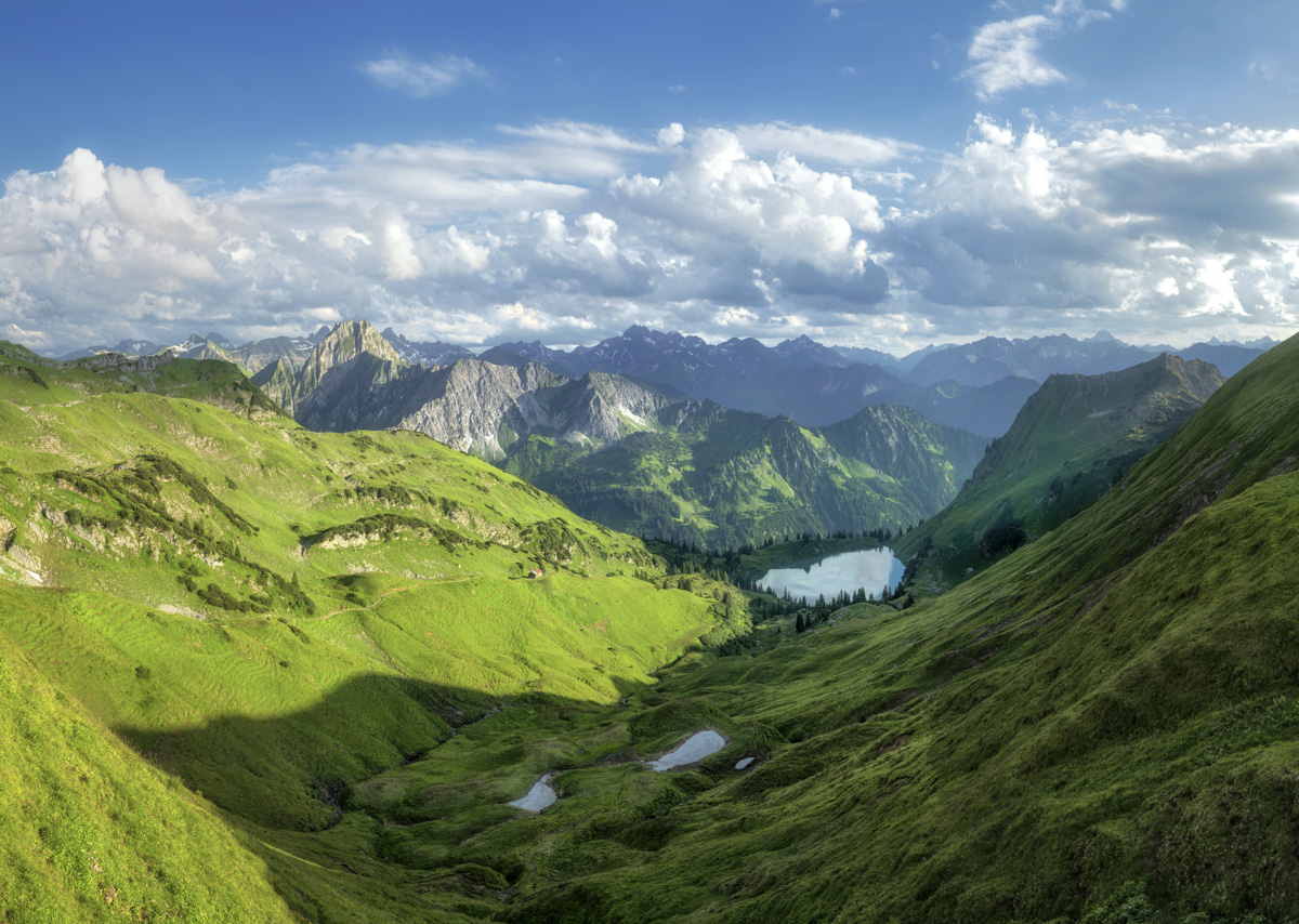 Bergbilder berg bilder Allgäu Alpen Berge Oberstdorf Sommer Seealpsee Höfats Nebelhorn grüne wiesen blauer himmel sonne