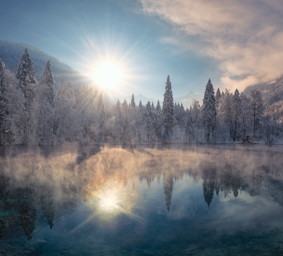469 Winter Allgäu blau Oberstdorf Christlesee Spielmannsau Sonne Spiegelung See sonnenaufgang