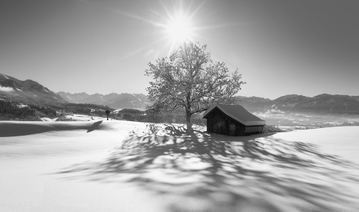 Panorama Allgäu Alpen Berge Winter Schnee verschneit breiten imberg sonthofen hütte baum blau weiss