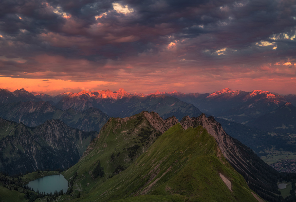 Bergbilder berg bilder Allgäu Alpen Berge Oberstdorf Sommer Alpenglühen Sonnenuntergang Seealpsee Höfats Nebelhorn orange rot blau sonne