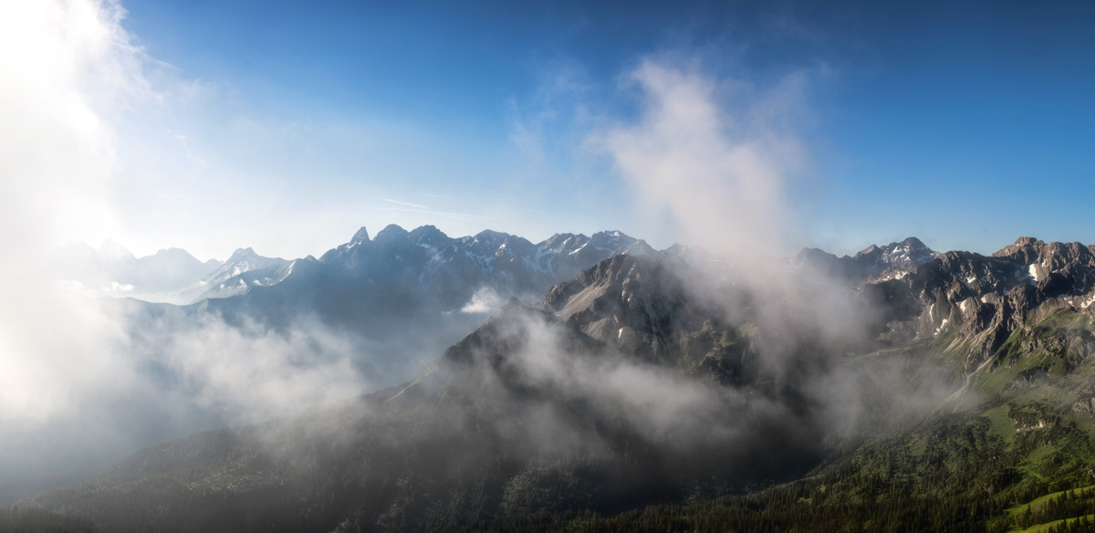 Panorama Allgäu Alpen Berge Oberstdorf Sommer Oberallgäu weiß blauer himmel sonne